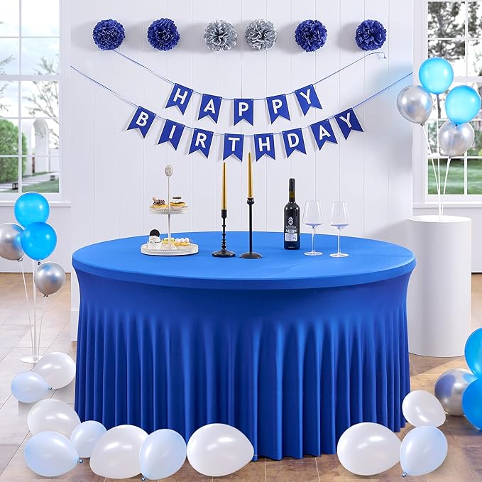 Outpain Royal Blue Spandex Round Tablecloths for 72 inch Tables, Stretchy 132inch Fitted 6FT Round Table Cloths with Skirt for Wedding Party Dining Banquet