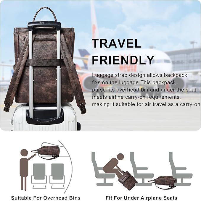Leather Laptop Backpack for Women, Travel Backpack Purse Fits 15.6 Inch Laptop, Casual Daypack with Laptop Compartment for College Work Business Nurse Weekender, Coffee