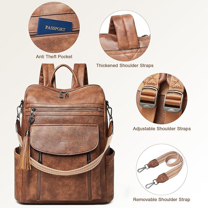 Shrrie Laptop Backpack for Women 15.6 inch,Travel Leather Backpack Purse Nurse Teacher Carry on Backpack Computer Bag,Professional Water-Resistant College Business Work Casual Daypack,Two-toned Brown