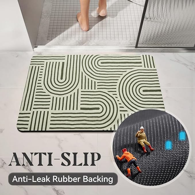 MontVoo -Bath Mat-Non Slip Thin Bathroom Rugs Fit Under Door- Quick Dry Absorbent Faux Suede Surface Grey Bathroom Floor Mats-Shower Rug for in Front of Bathtub Shower Ivory & Green Arched 17x59