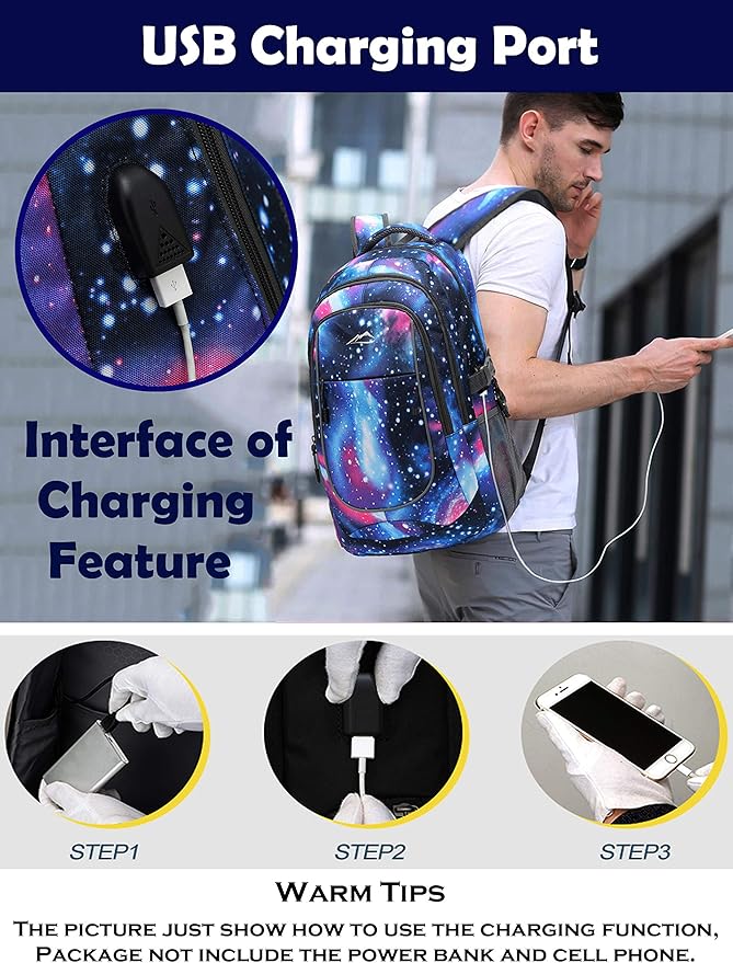 Galaxy Backpack for College Sturdy Bookbag Travel Business with USB Charging Port Laptop compartment Chest Straps Anti Theft Night Light Reflective (Galaxy)