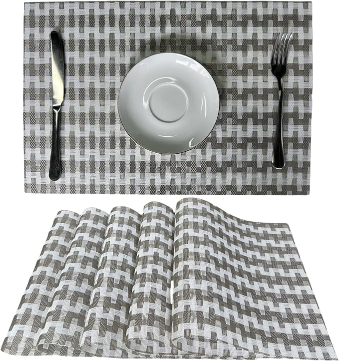 Placemat,Blending Color Durable Woven Vinyl Placemat Washable Heat-Resistant Anti-Skid Kitchen Dining Table Mats (Set of 6, Silver White)