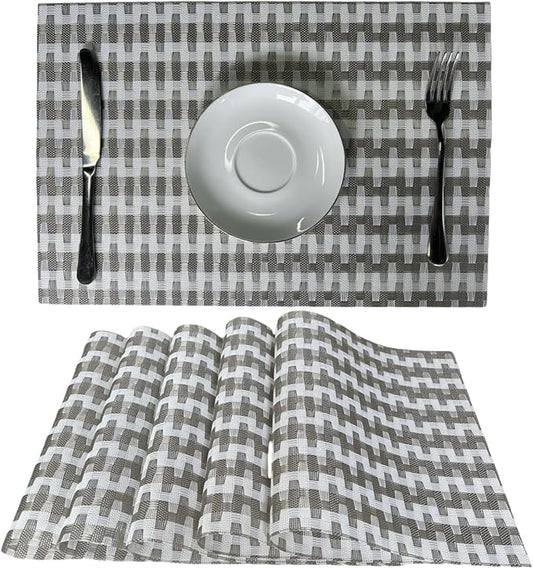 Placemat,Blending Color Durable Woven Vinyl Placemat Washable Heat-Resistant Anti-Skid Kitchen Dining Table Mats (Set of 6, Silver White)