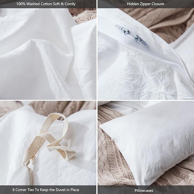 MooMee Bedding Duvet Cover Set 100% Washed Cotton Linen Like Textured Breathable Durable Soft Comfy (Solid Off White, Oversized King Plus 128"x120")