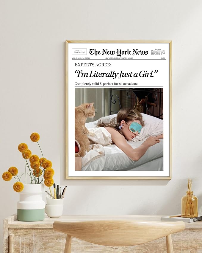 EcoHest Unframed Trendy Newspaper Audrey Hepburn Magazine Wall Art, 12x16 in I‘m Literally Just a Girl Canvas Wall Art Home Decor, Beige Retro Set of 1 For Bedroom Living Room
