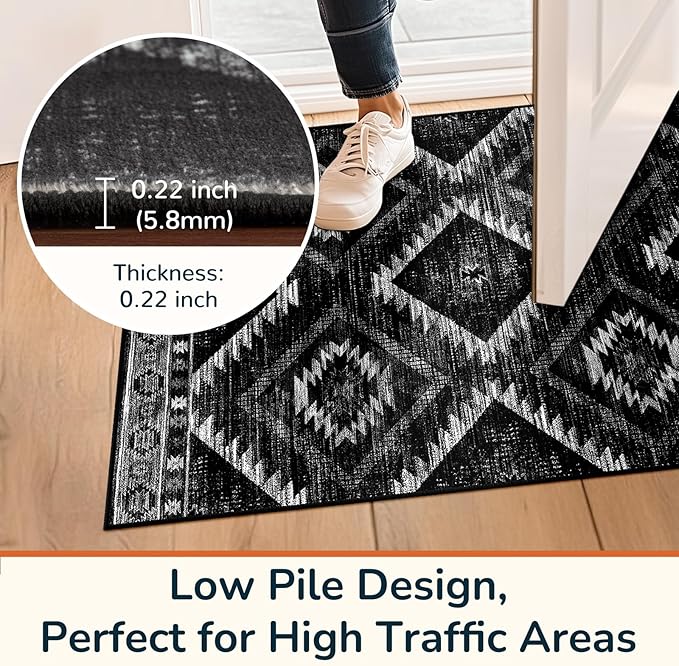 Area Rug 4x6 Rug Machine Washable Non-Slip Low Pile Print Pattern Western Rug for Living Room Bedroom Entryway Tribal Series-Black