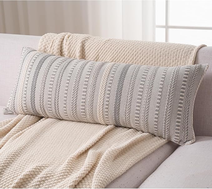 Boho Lumbar Pillow Covers 14x36 Long, Farmhouse Decorative Couch Pillow Cases, Grey Accent Pillows of Bed, Sofa Bedroom Living Room Home Decor Cushion Cover, Pack of 1