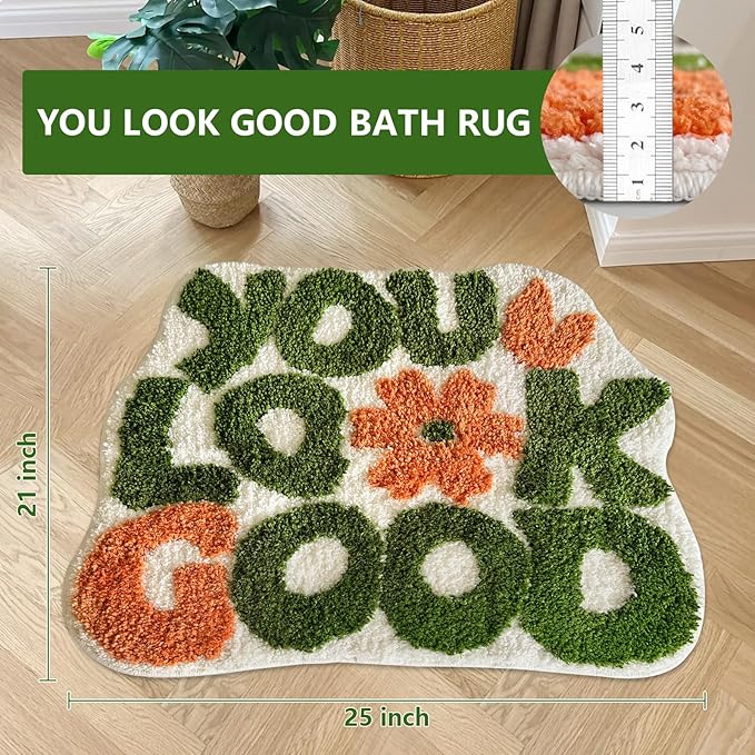 You Look Good Bath Mat, Fun Bathroom Rug,Green Bathroom Mat Cool Rugs for Bedroom Non Slip Microfiber Plush Cool Rugs for Bedroom Washable Absorbent for Bathtub 21"x25"