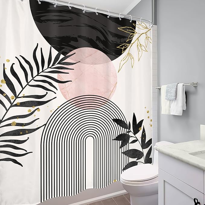 Black Pink Boho Shower Curtain Mid Century Modern Abstract Bohemian Minimalist Gold Leaves Sun Arch Geometric Plant 60Wx72H Bathroom Decor Neutral Bath Curtain Fabric Polyester 12 Pack Hooks