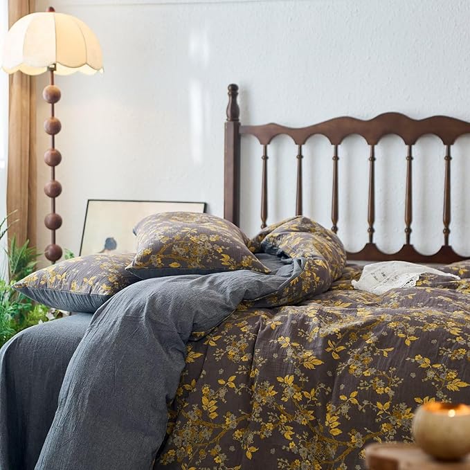mixinni Vintage Floral Duvet Cover Queen Set - Gold Jacquard & Grey Reversible, 100% Yarn-Dyed Double-Layer Cotton, Breathable & Luxurious Farmhouse Bedding (3-Piece, Includes 2 Pillowcases)