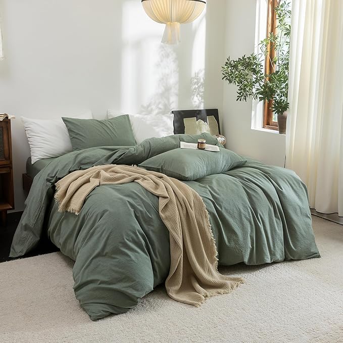 FOSSA Duvet Cover Set 100% Washed Cotton Linen Feel Super Soft Breathable Cozy Simple Style 3 Pieces Bedding Sets Solid Heathered Green King