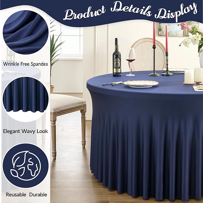 Outpain 6 Pack 72In/6FT Navy Blue Spandex Round Tablecloths, Stretchy 132inch Fitted 6FT Round Table Cloths, Wrinkle Free Table Cover with Skirt for Wedding Party Dining Banquet