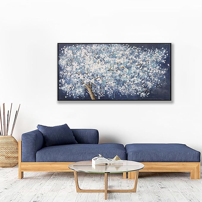 Wall Art Canvas Oil Painting Dark Blue And White Abstract Tree Plants Wall Decor Pictures Framed For Bedroom Canvas Wall Decorations Artwork For Living Room Dinning Room Home Office 20 X 40 Inch