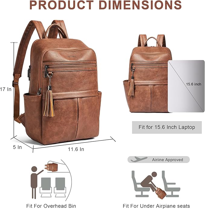 Leather Laptop Backpack for Women, 15.6" Causal Daypack Backpacks Purse Computer Backpack with Laptop Compartment for Travel Work College Business, Brown