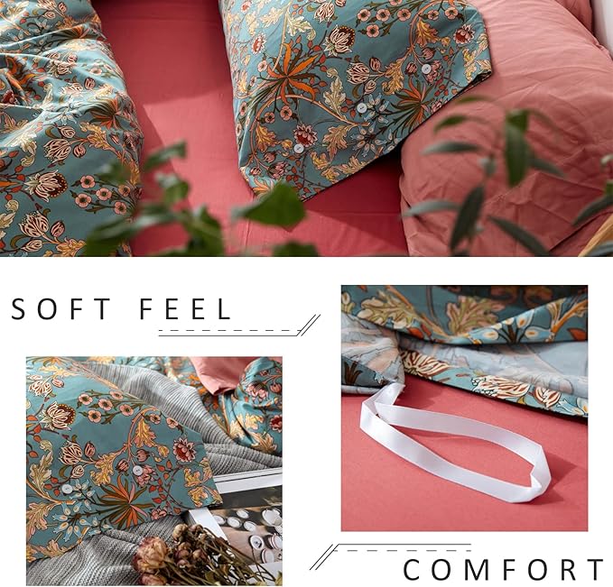 mixinni Vintage Floral Duvet Cover Twin XL Boho Bedding Soft Cotton Flower Pattern Bedding Set with Zipper Ties Perfect for Girls,Ultra Soft, Breathable, Comfortable(3pcs, Twin XL Size)