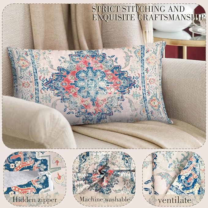 Boho Throw Pillow Covers 12x20 inch Set of 2,Boho Vintage Carpet Pattern Antique Ethnic Decor Double Sided Pattern Cushion Cover Soft Pillow Case Living Sofa Room Bed Square Pillow Cover