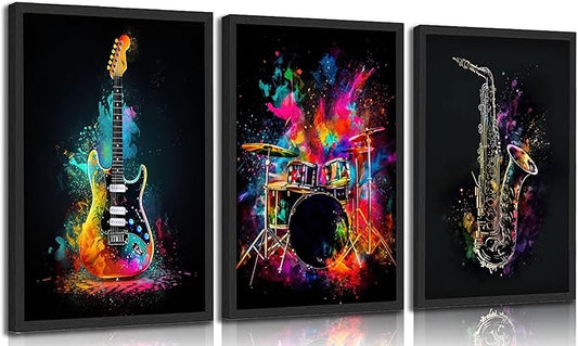 3pcs Musical Instrument Graffiti Canvas Wall Art Pop Music Instrument Style Posters Prints Rock Electric Guitar Jazz Drum Wall Decor Pictures for Living Room Bedroom Home Decoration Unframed