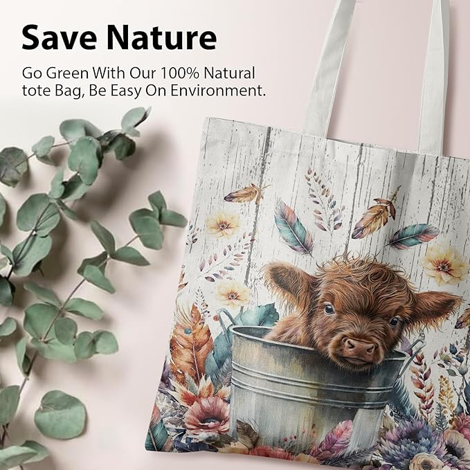 Western Highland Cow Canvas Tote Bag - Highland Cow Lover Gifts,Canvas Shoulder Bag for Women for Girls