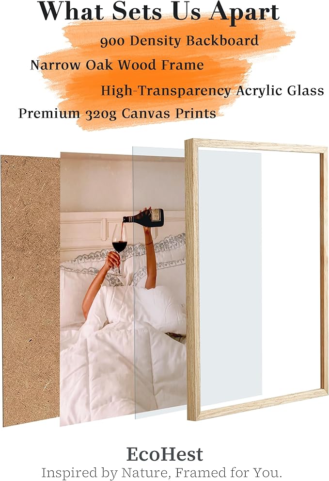 EcoHest Small Woman Drinking Wine in Bed Framed Wall Art, 8x10 in OAK Wood Feminist Alcohol Canvas Wall Art, Trendy Teen Girl Bar Cart Print College Room Decor, Set of 1 For Bedroom Living Room