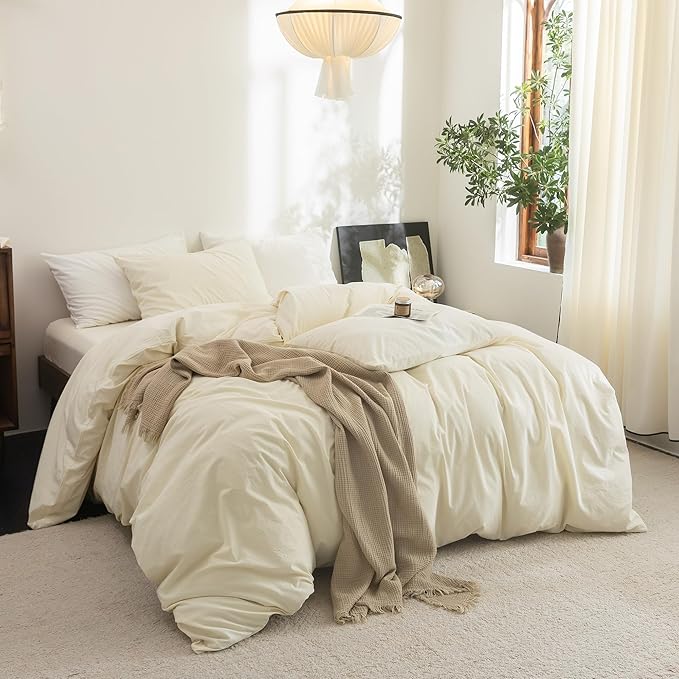 FOSSA Duvet Cover Set 100% Washed Cotton Linen Feel Super Soft Breathable Cozy 3 Pieces Bedding Sets Solid Cream White Full/Double