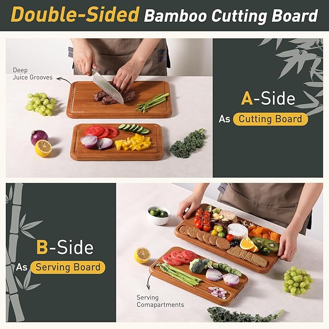 2 Packs Wood Cutting Board, Carbonized Bamboo Cutting Boards Set With Smooth Surface & Easy Storage For Busy Kitchens, Ideal Charcuterie & Chopping, Durable, Knife-Friendly for Meat Vegetables Fruits