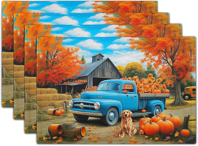 Giwawa Fall Truck Placemats Set of 4 Autumn Maple Tree Pumpkins Sunflowers Dog Decorative Linen Table Place Mat 12x18 Inch Non Slip Heat Resistance for Kitchen Dining Party Thanksgiving