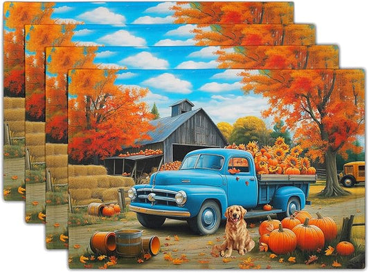 Giwawa Fall Truck Placemats Set of 4 Autumn Maple Tree Pumpkins Sunflowers Dog Decorative Linen Table Place Mat 12x18 Inch Non Slip Heat Resistance for Kitchen Dining Party Thanksgiving