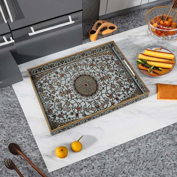 Large Plastic Serving Tray with Handles,Decorative Tray for Ottoman Coffee Table,Large Rectangular Boho Tray for Living Room Bathroom and Kitchen Counter,16"X12"