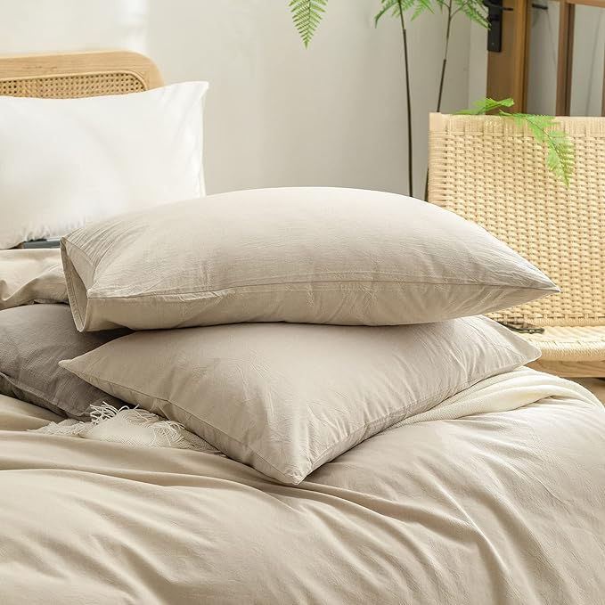 BESTOUCH Duvet Cover Set 100% Washed Cotton Linen Feel Super Soft Comfortable Chic Lightweight 3 PCs Home Bedding Set Solid Almond Milk Grey King
