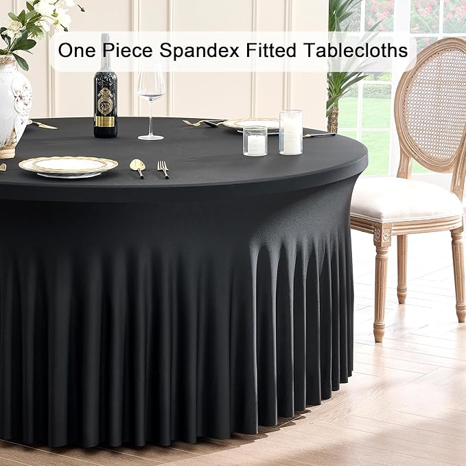 Outpain 8 Pack Black Spandex Tablecloth for 72in/6FT Round Tables, Wrinkle Free Tablecloth with Skirt for Wedding, Graduation & Banquet
