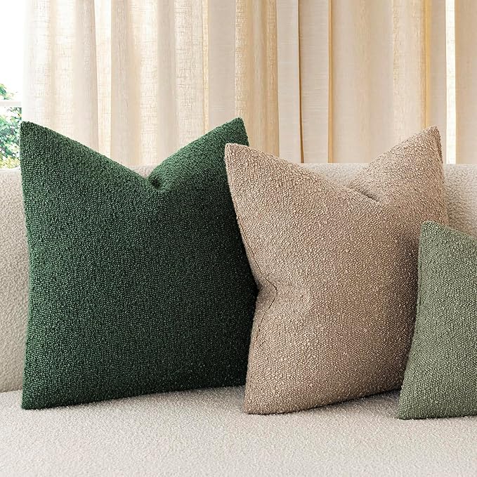 Foindtower Set of 2, Decorative Textured Boucle Throw Pillow Covers Accent Solid Pillow Cases Neutral Cozy Couch Cushion Case for Chair Sofa Bedroom Living Room Home Decor 16x16 Inch Pine Green