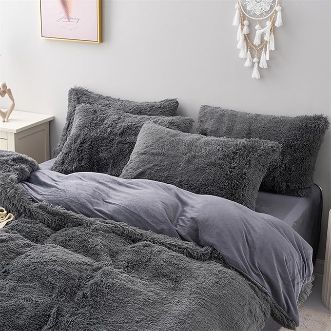 MorroMorn 5 PCS Shaggy Duvet Cover Bedding Set - Fluffy Comforter Cover Long Faux Fur Luxury Ultra Soft Cozy (Grey, Full/Queen)