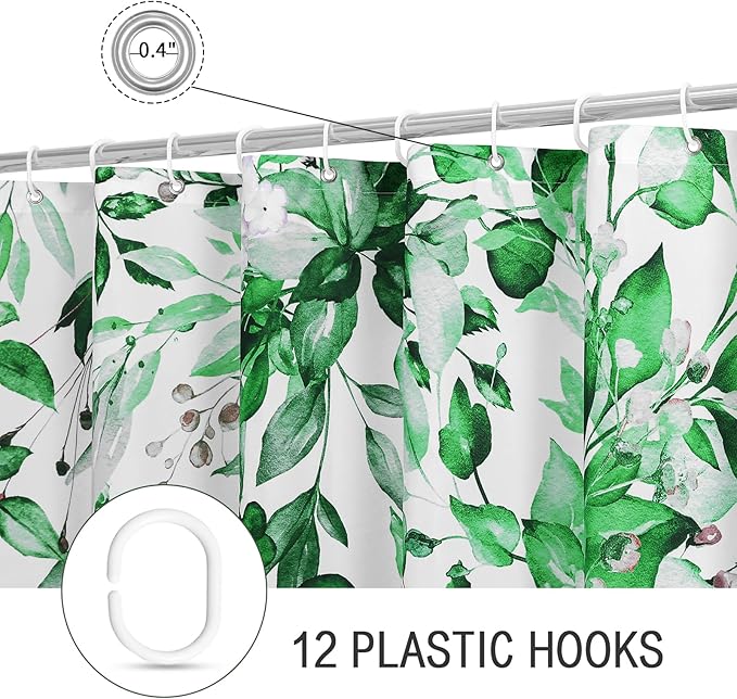 Gibelle Extra Long Shower Curtain 72 x 84, Emerald Green Floral Shower Curtain for Bathroom, Watercolor Plant Eucalyptus Leaves Fabric Shower Curtain Set with Hooks