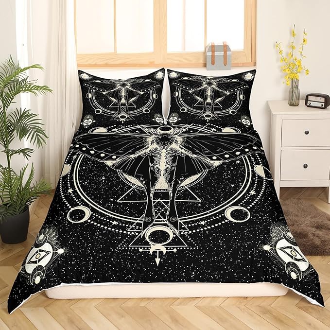 Castle Fairy Death Moth Bedding Set Queen Size,Stars and Moon Phase Space Duvet Cover Set for Children Bedroom Present, Abstract Exotic Aesthetic Microfiber Comforter Cover with 2 Pillowcases