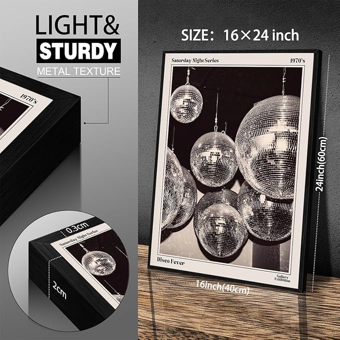 70s Disco Ball Newspaper Wall Art Vintage Black and White Art Posters 16x24 inch Black Framed Funky Aesthetic Canvas Prints Retro Bar Cart Decor for Bar Bedroom