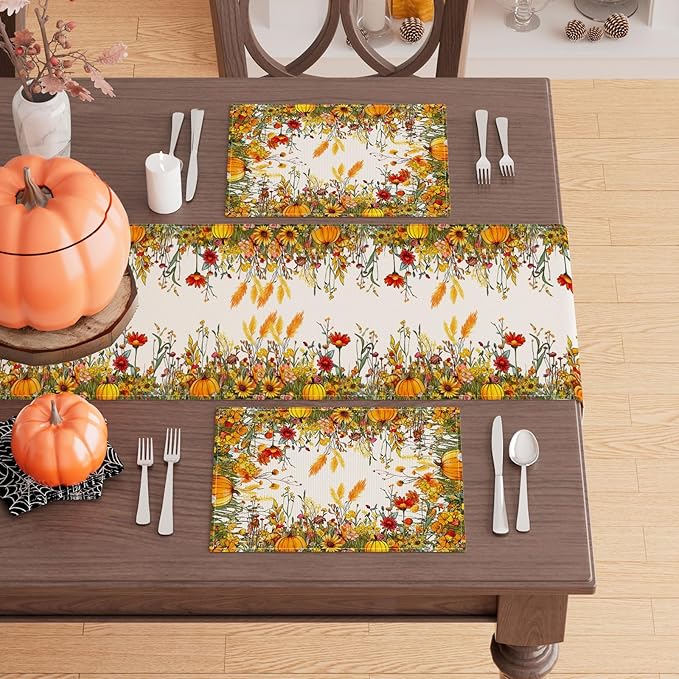 XCHI Fall Color Wild Flowers Pumpkin Placemats Set of 4 Table Mats for Party Home Kitchen Dining Table Decorations 12x18 Inch