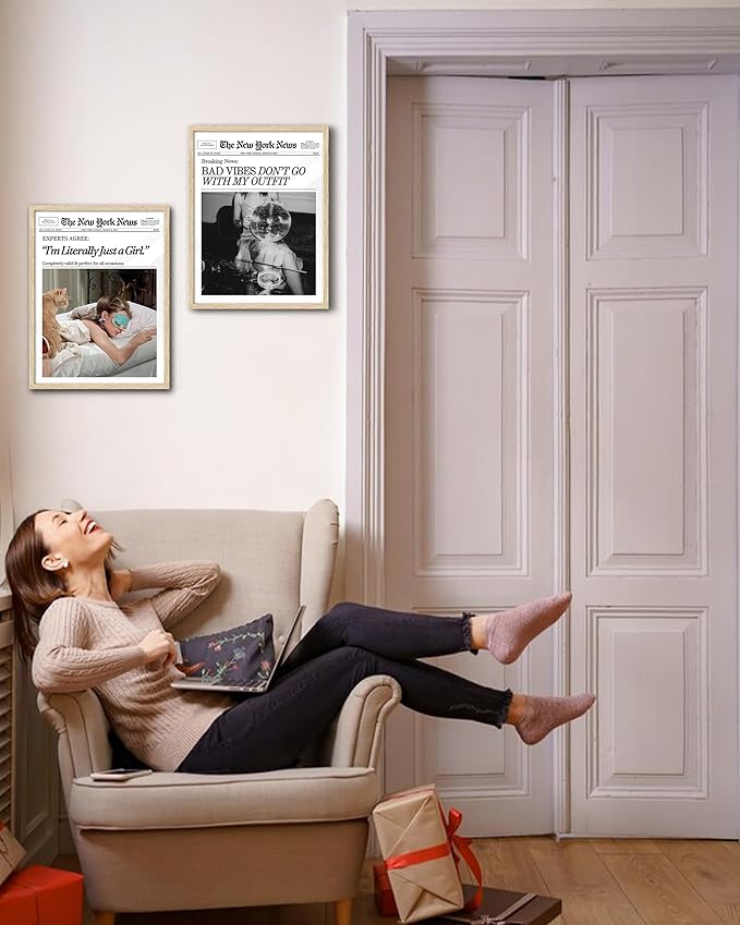 EcoHest Small Trendy Newspaper Audrey Hepburn Magazine Framed Wall Art, 8x10 in OAK Wood I‘m Literally Just a Girl Canvas Wall Art Home Decor, Beige Retro Set of 1 For Bedroom Living Room
