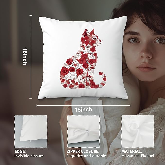 Red and White Rose Floral Cat Pillow Covers 18x18, Gifts for Cat Lovers Mom Lady Owners, Elegant Kitten Kitty Decorative Pillow Covers for Home Bedroom Living Room Decor, Pet Lover Gifts