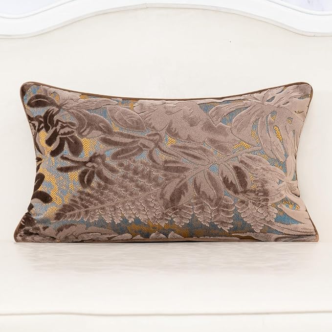 Alerfa Brown Throw Pillow Cover 12x20 Inch, Rectangle Cut Velvet Maple Leaf Embroidery Luxury Farmhosue Lumbar Decorative Pillow Cover for Couch Living Room Bedroom