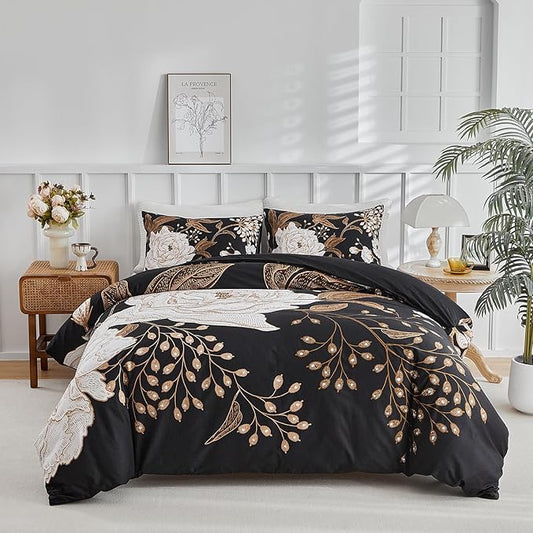 mixinni Black Floral Duvet Cover Twin XL Size, 3 Pieces Garden Style Botanical Flowers Leaves Bedding Set, Soft Cotton Reversible Farmhouse Boho Duvet Cover and 2 Pillowcases for All Season