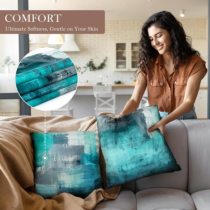 Teal and Gray Throw Pillow Covers,Set of 4 16X16 Inch Turquoise Modern Abstract Art Artwork Decorative Pillow Cushion Covers for Couch Bedroom Living Room