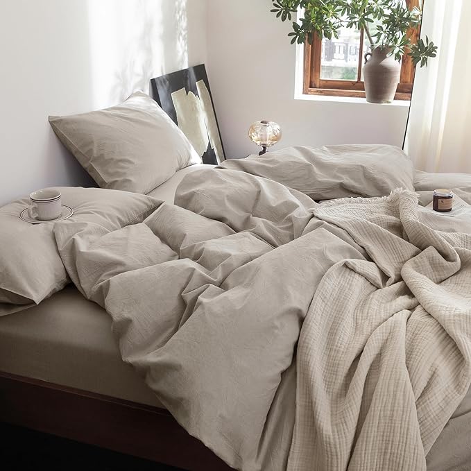 FOSSA Duvet Cover Set 100% Washed Cotton Linen Feel Super Soft Breathable Cozy 3 Pieces Bedding Sets Solid Cream Grey Oversized Queen