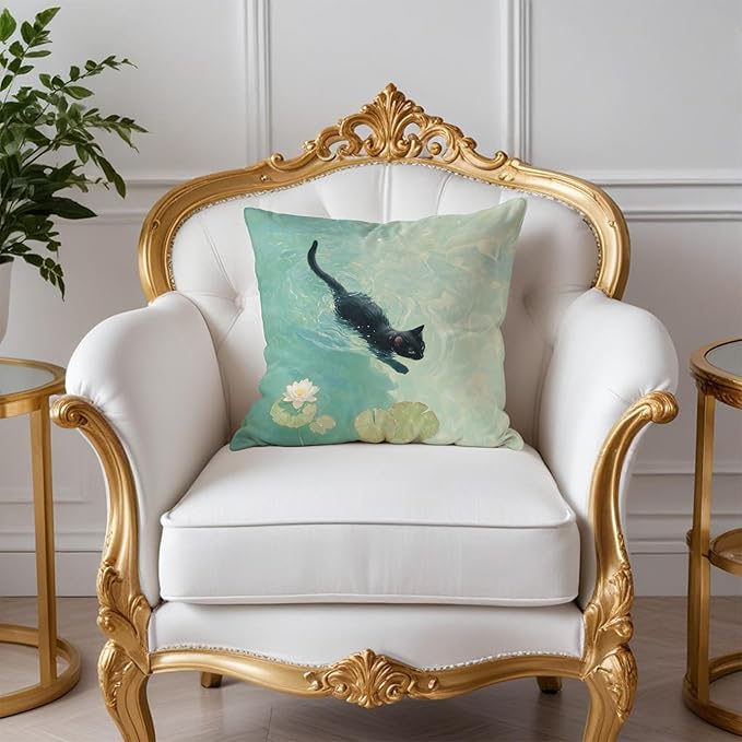 Black Cat Art Painting Throw Pillow Covers 18x18, Aesthetic Cats Decor Pillow Covers for Room Bedroom, Elegant Swimming, Black Cat Decor, Cats Lovers Lady Mom Grandma Gifts