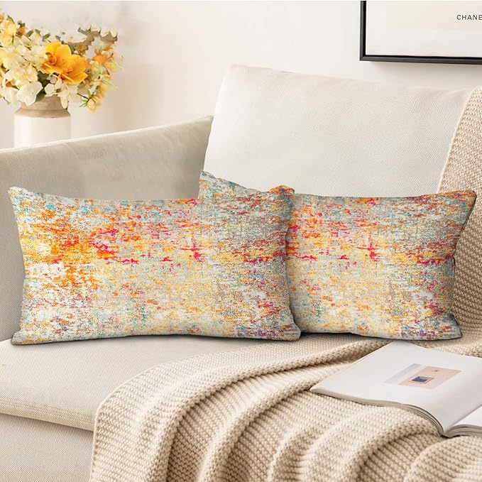 Boho Floral Throw Pillow Covers 12x20 inch Set of 2,Boho Rug Geometric Floral Pattern Decor Double Sided Pattern Cushion Cover Soft Pillow Case Living Sofa Room Bed Square Pillow Cover