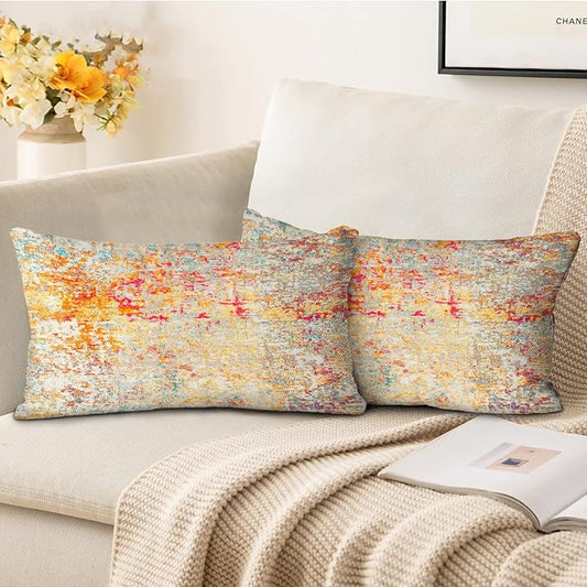 Boho Floral Throw Pillow Covers 12x20 inch Set of 2,Boho Rug Geometric Floral Pattern Decor Double Sided Pattern Cushion Cover Soft Pillow Case Living Sofa Room Bed Square Pillow Cover