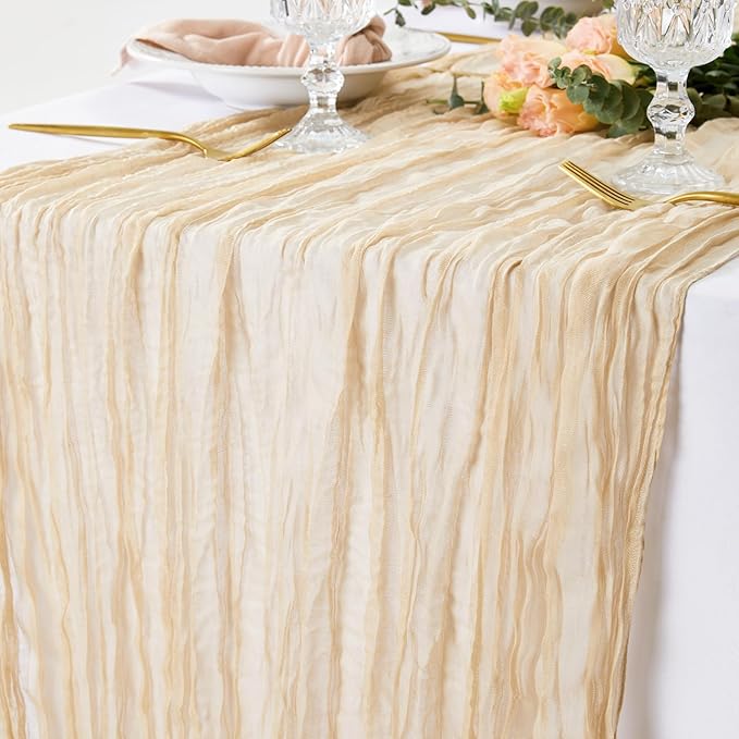 DOLOPL 3 Pieces 10FT Table Runners Beige Cheesecloth Table Runner Long Boho Gauze Cheese ClothTable Runner Rustic Sheer Table Runner for Wedding Bridal Shower Birthday Party Table Decorations