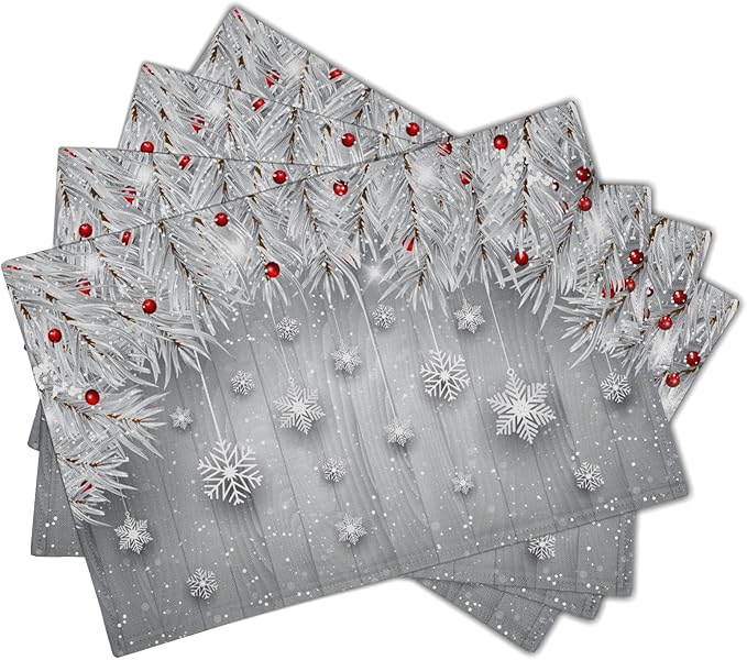 Giwawa Winter Snowflakes Placemats Set of 4 Christmas Silver Snows Xmas Tree Red Berries Linen Table Place Mats Seasonal Non-Slip Heat Resistance 12"x18" for Dining Kitchen Holiday New Year Decor