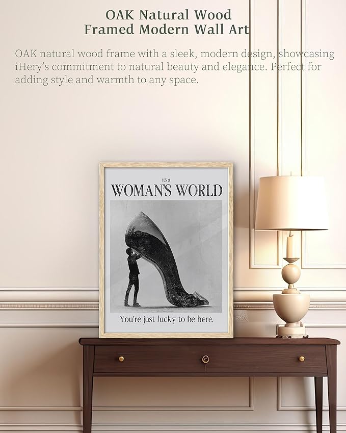 iHery Natural OAK Wood Woman's World Framed Wall Art, 12x16 in Retro Feminist Modern Hot Girls Canvas Wall Art, Trendy Black High Heels Bedroom Decor, Set of 1 For Bathroom Living Room
