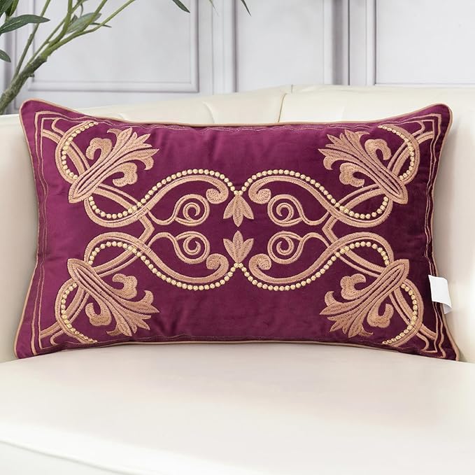 Aeckself Floral Pillow Cover 12x20 Inch, Luxury Velvet Embroidered Decorative Lumbar Throw Pillow Cover for Couch Bedroom Living Room, Burgundy Red and Gold, Yw-OBYG-Red3050