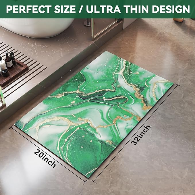 Non Slip Bath Mat Ultra Thin Bathroom Rug Fit Under Door, Rubber Backing Quick Dry Super Absorbent Washable Shower Bath Mats Green 20x32